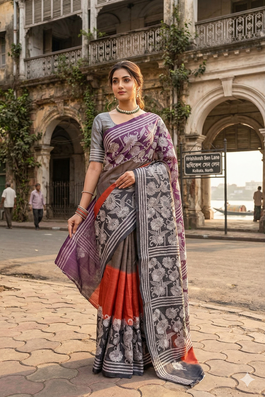 Orange and brown Tussar embroidery saree with Kantha work border and unstitched blouse from Saarang Sarees, traditional wear.