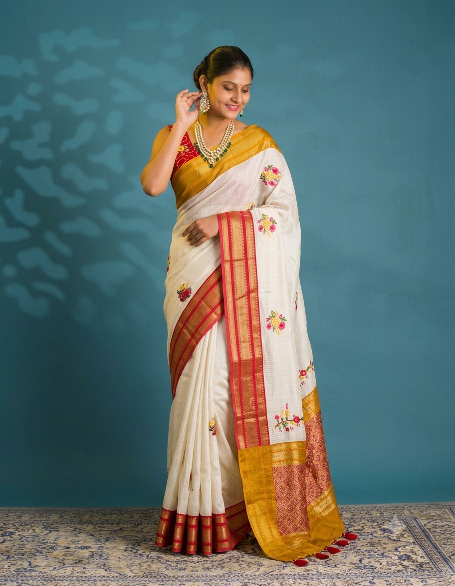 Off-White Munga Silk Saree With Hand Embroidery Work, With Unstiched Blouse