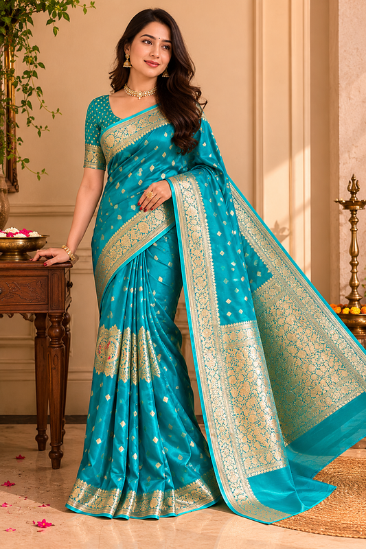 Firozi Kora Banarasi Silk Saree With Hand Weving Work, With Unstiched Blouse