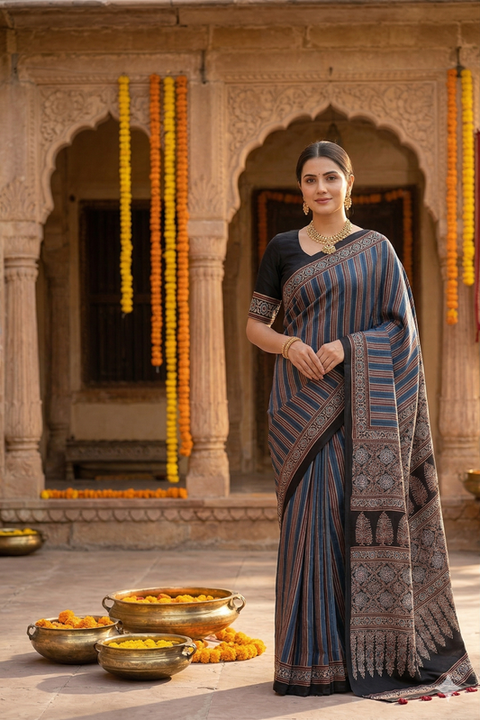 Blue & Black Stripe Pure Modal Silk Ajrakh Printed Saree With Unstiched Blouse