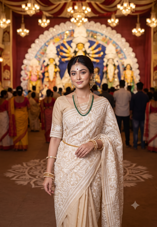 Beige Tussar Embroidery Saree With Kantha Work Border, With Unstitched Blouse