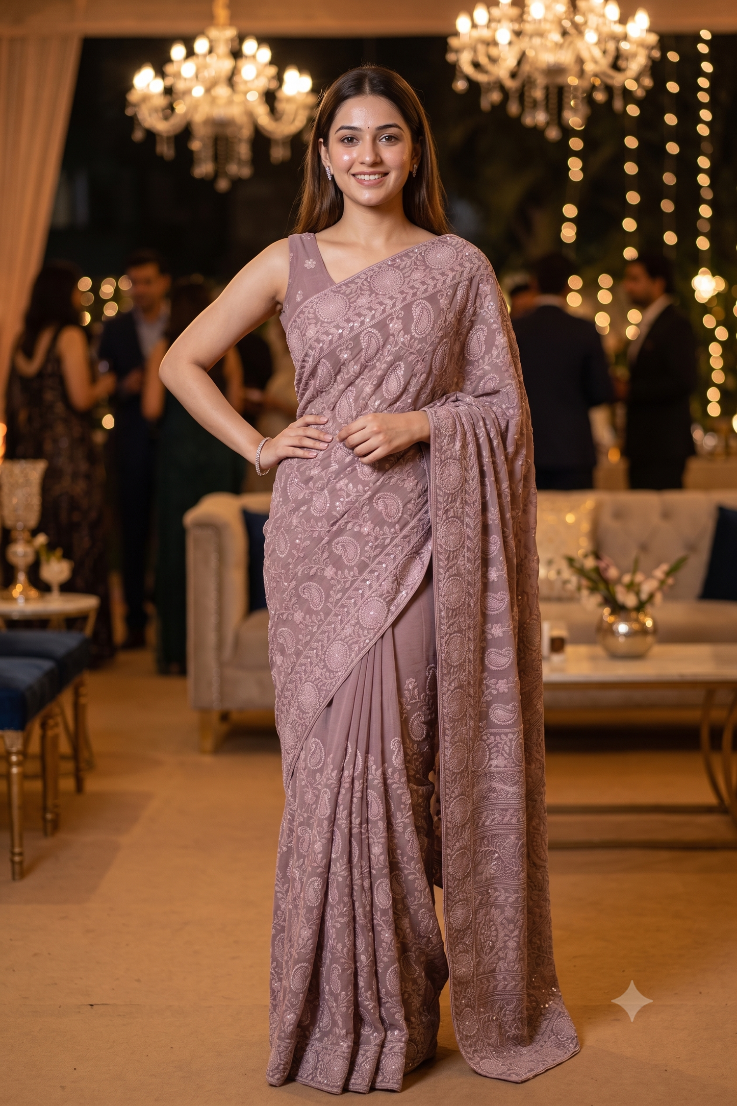 Dusty Purple Georgette Saree With Chikankari Embroidery, Unstitched Blouse