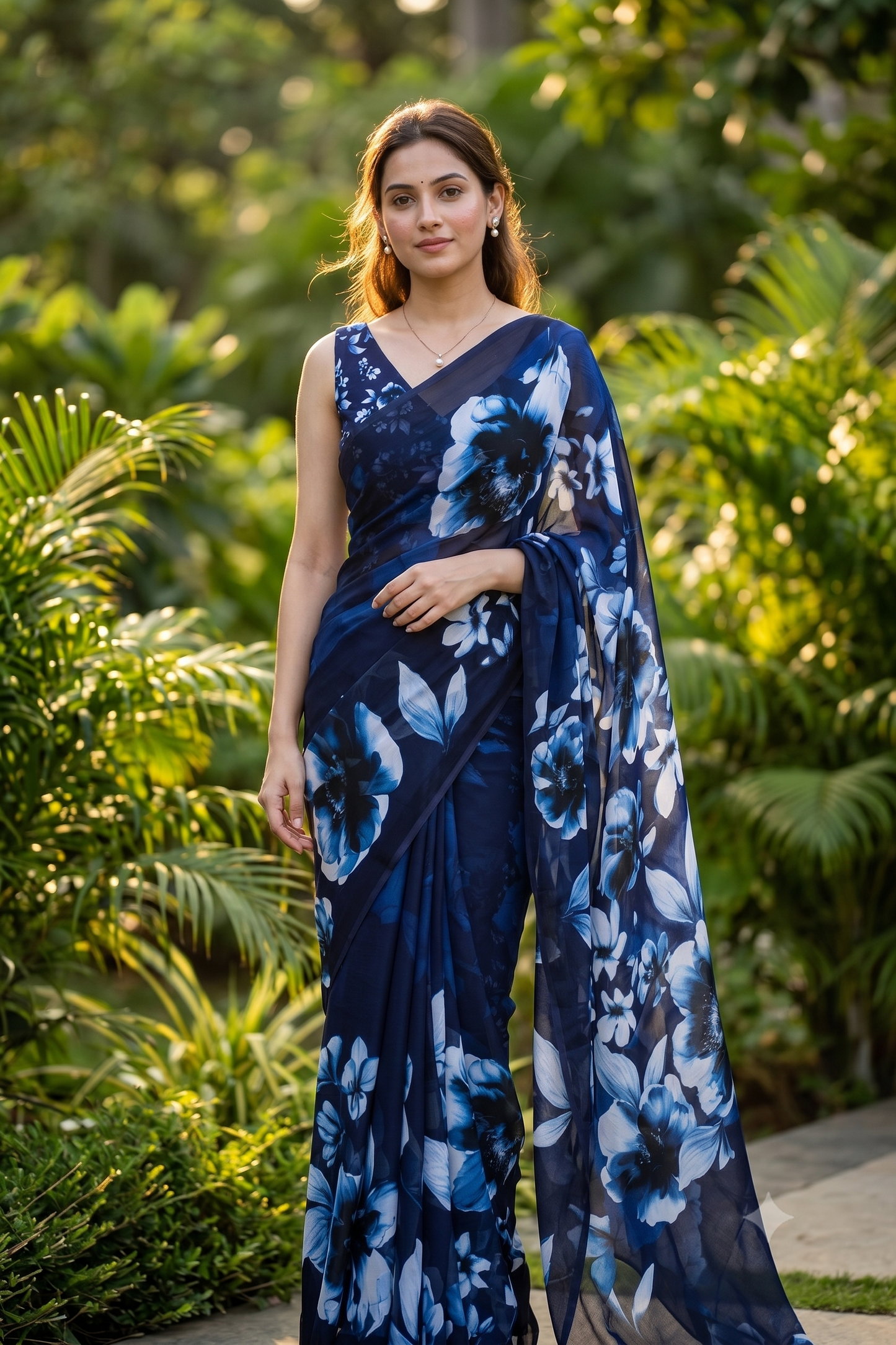 Dark Blue Floral Printed Chiffon Saree, With Unstiched Blouse Piece