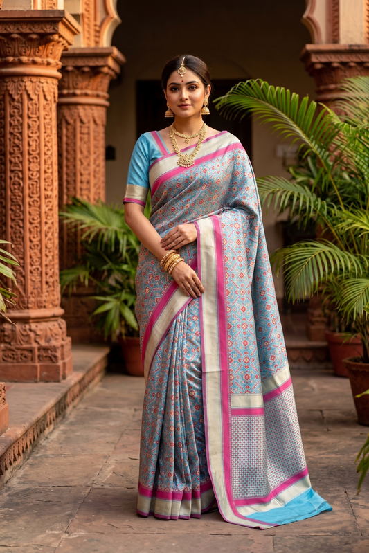Sky & Multi Banarasi Silk Saree With Patola Concept, With Unstiched Blouse