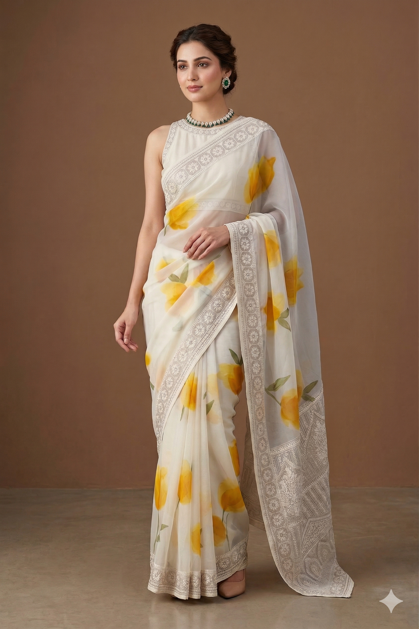Off-White Printed Georgette Saree With Resham Embroidery Work, With Unstiched Blouse