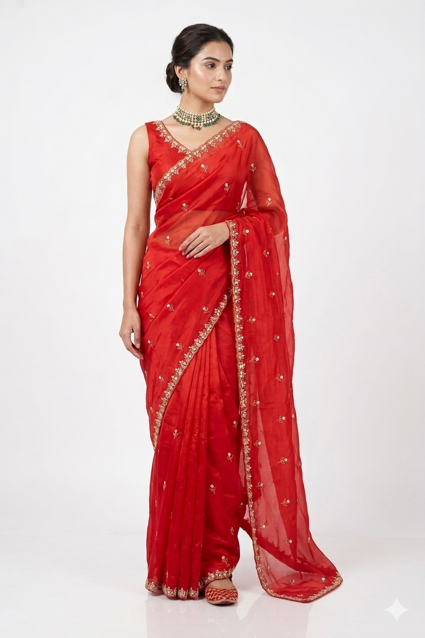 Cherry red soft organza silk saree with embroidery and unstiched blouse, perfect for party wear by Saarang Sarees.