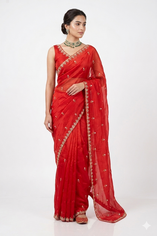 Cherry red soft organza silk saree with embroidery and unstiched blouse, perfect for party wear by Saarang Sarees.