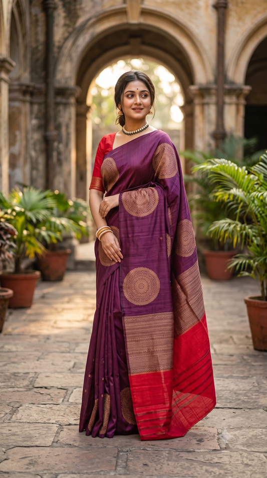 Deep Purple Pure Raw Tussar Banarasi Silk Saree, Hand Woven Motifs With Unstiched Blouse
