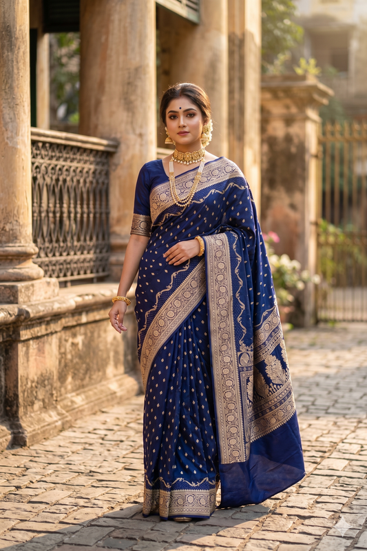 Navy blue Katan Banarasi saree with stone work and an unstiched blouse, traditional wear by Saarang Sarees.