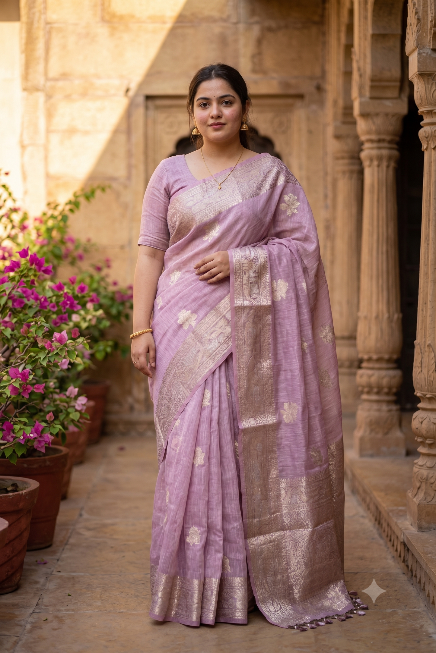 Light Purple Linen Banarasi Saree With Unstiched Blouse