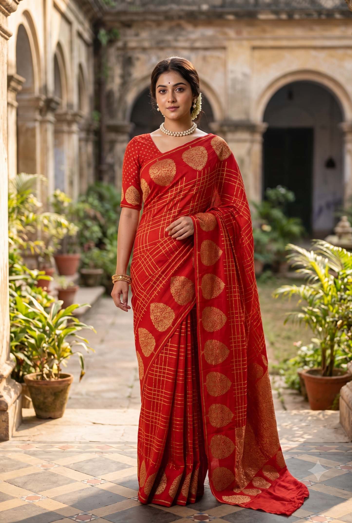 Cherry Red Mysore Crepe Silk Banarasi Saree, With Unstiched Blouse