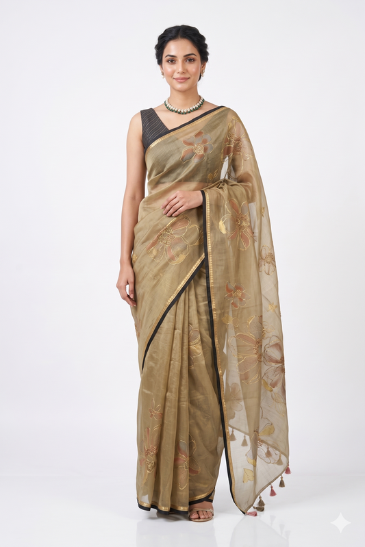 Beige Tissue Organza Silk Saree With Aari Work, With Unstiched Blouse