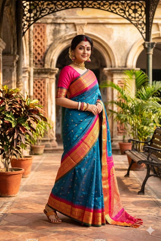 Royal blue Gadwal silk saree with intricate gold border and matching unstiched blouse, traditional wear from Saarang Sarees.