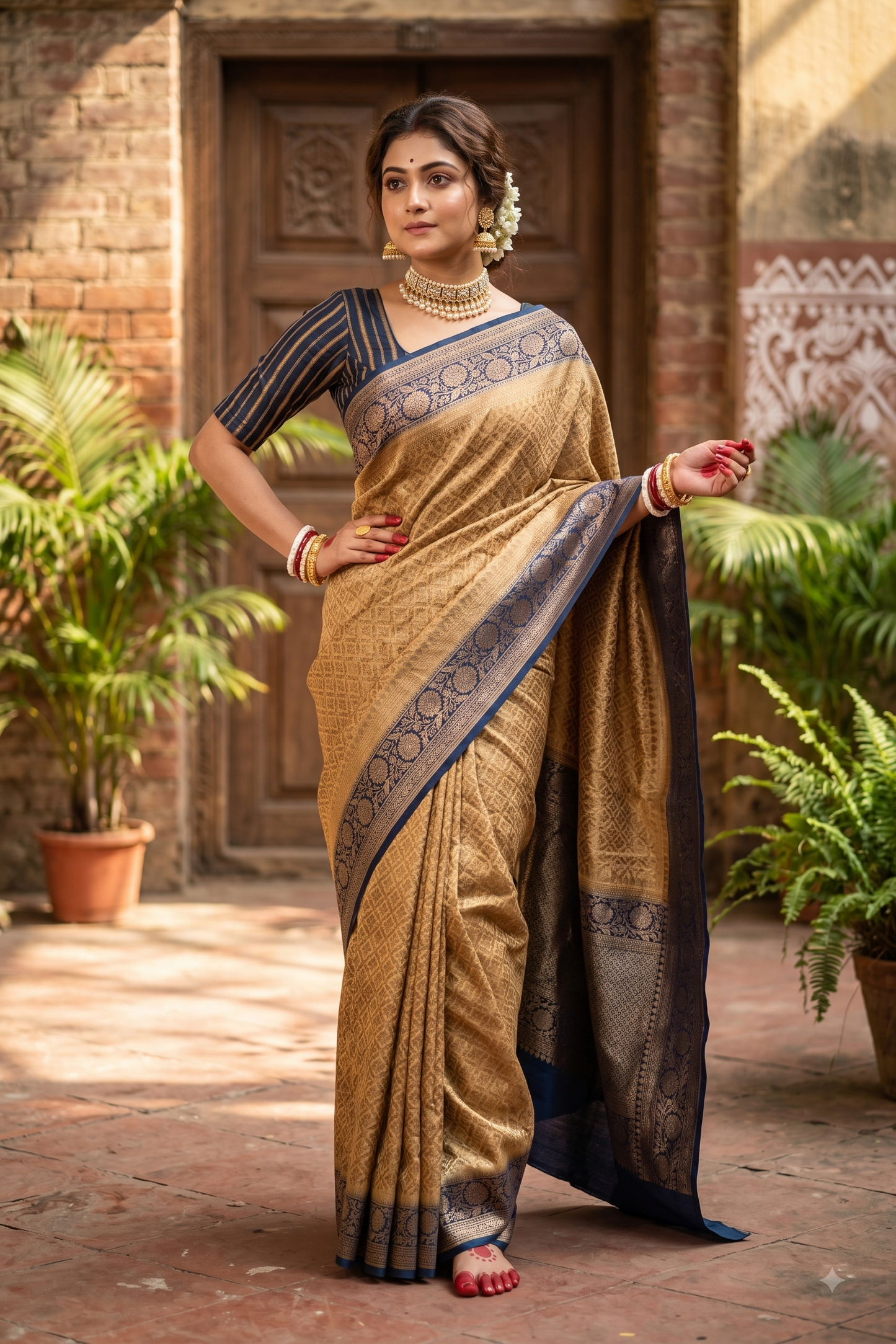 Beige Brocade Kora Banarasi Silk Saree, With Unstiched Blouse