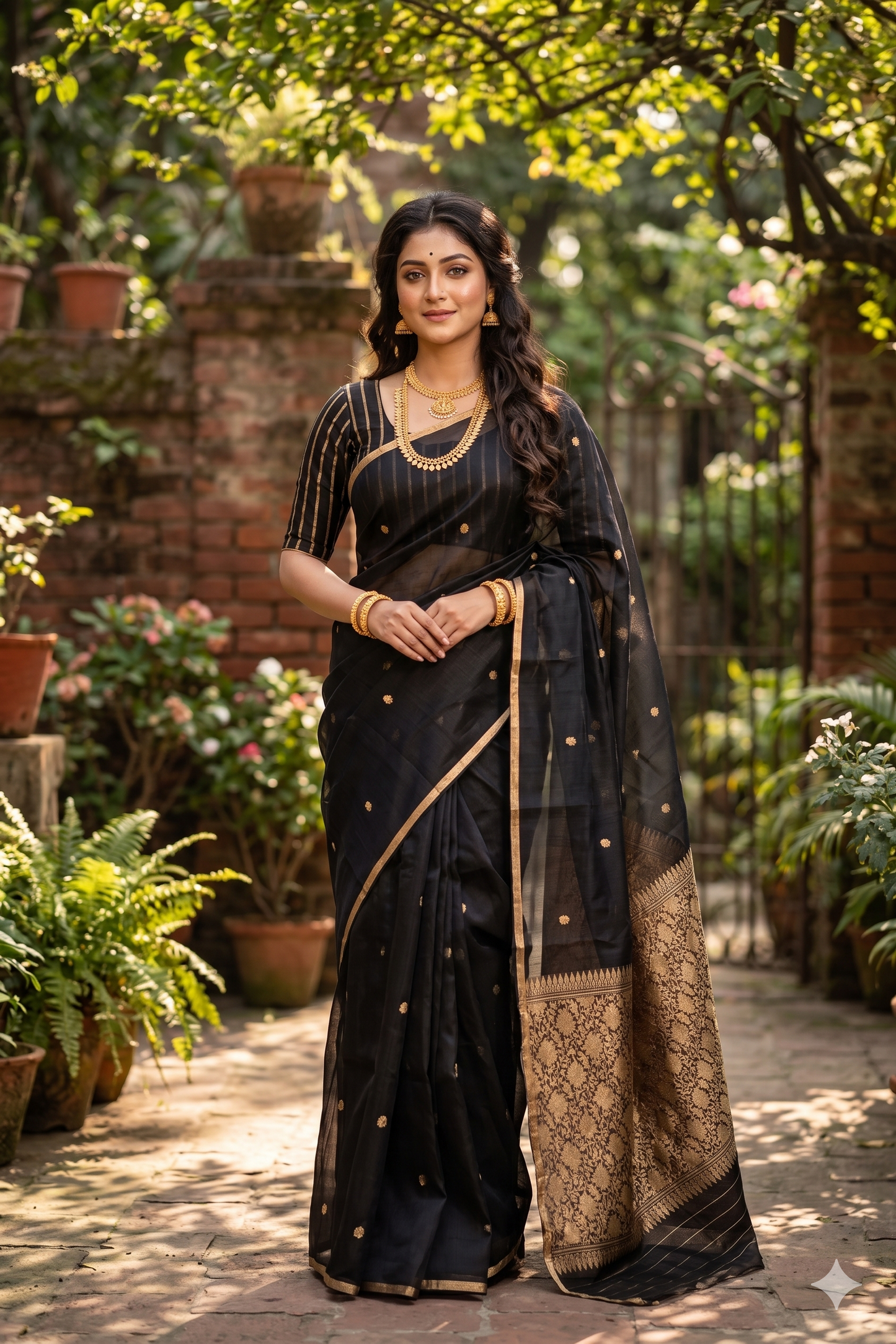 Black Kora Banarasi silk saree with intricate handwoven work and unstiched blouse from Saarang Sarees, traditional wear.