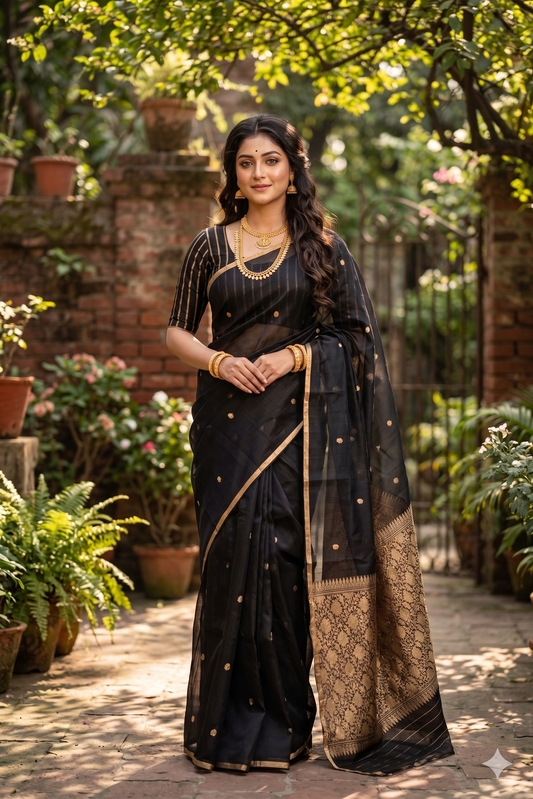 Black Kora Banarasi silk saree with intricate handwoven work and unstiched blouse from Saarang Sarees, traditional wear.