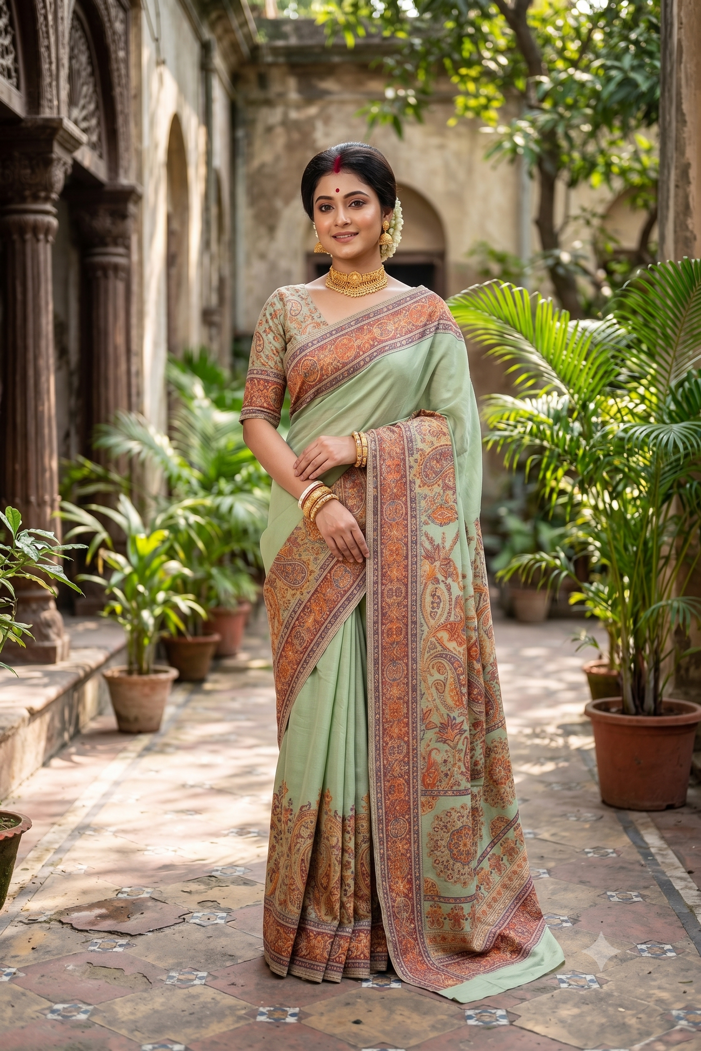 Firozy Green Pure Kani Handloom Silk Saree With Floral Woven Blouse