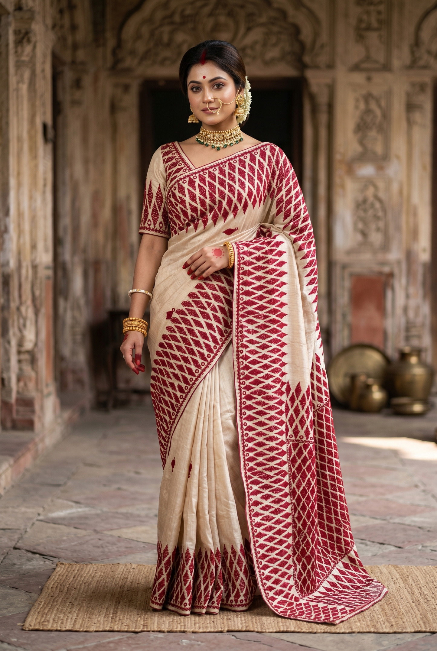 Off-White Tussar Embroidery Saree With Kathiawari Work Border, With Unstitched Blouse