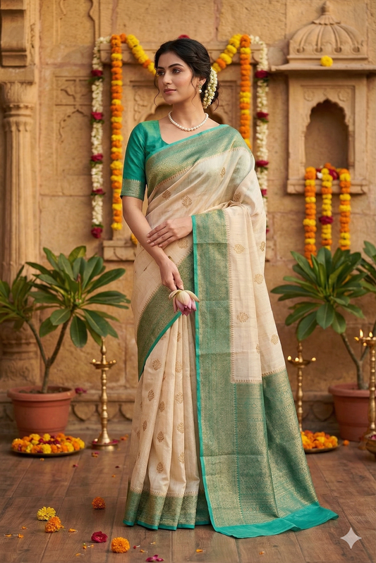 Offwhite Tussar Banarasi silk saree by Saarang Sarees with hand-woven motifs and an unstiched blouse for traditional wear.
