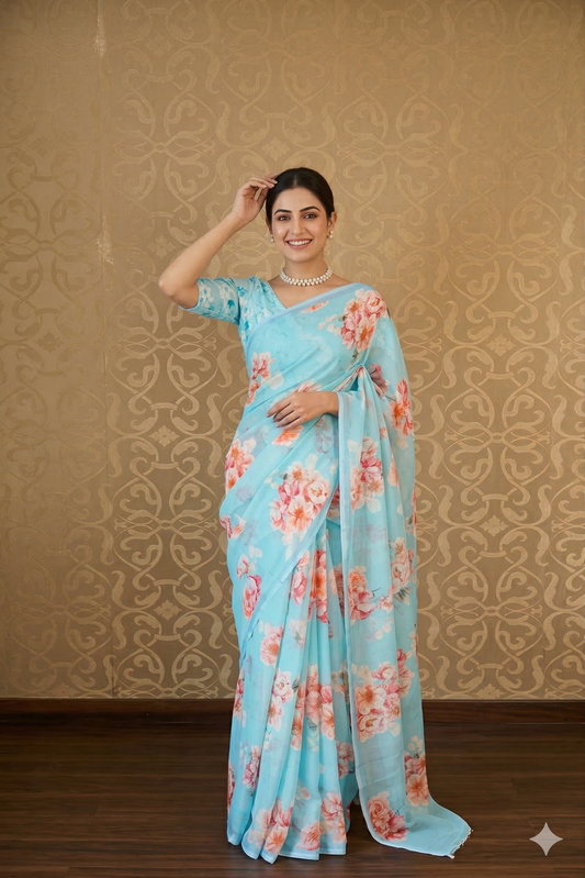 Sky floral printed chiffon saree with unstiched blouse piece, perfect for party wear by Saarang Sarees.