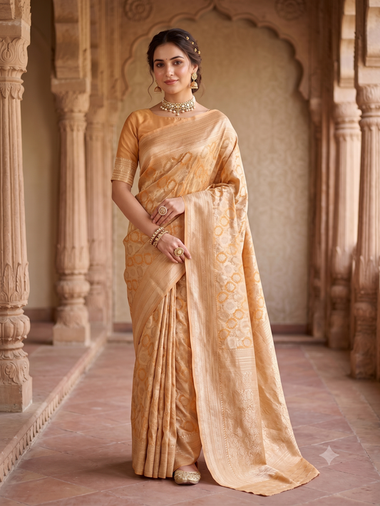Golden Peach Mysore Crepe Silk Banarasi Saree, With Unstiched Blouse