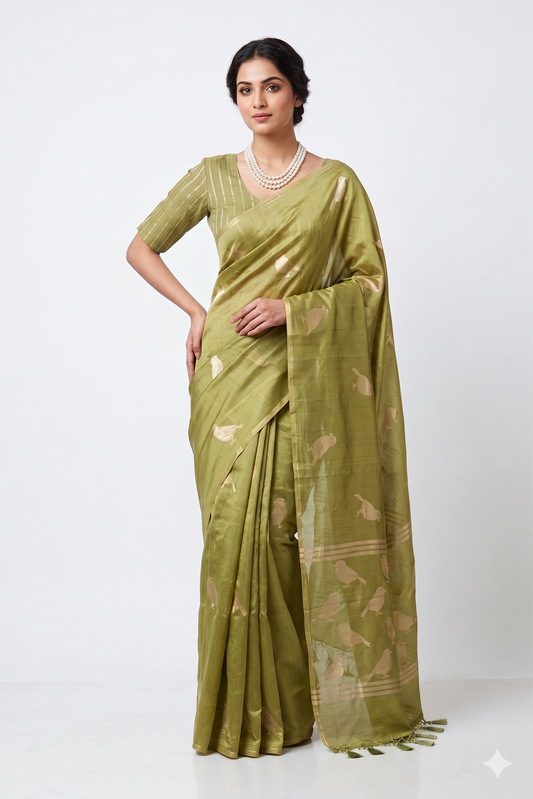 Pista Green Soft Katan Silk Saree, With Unstich Blouse