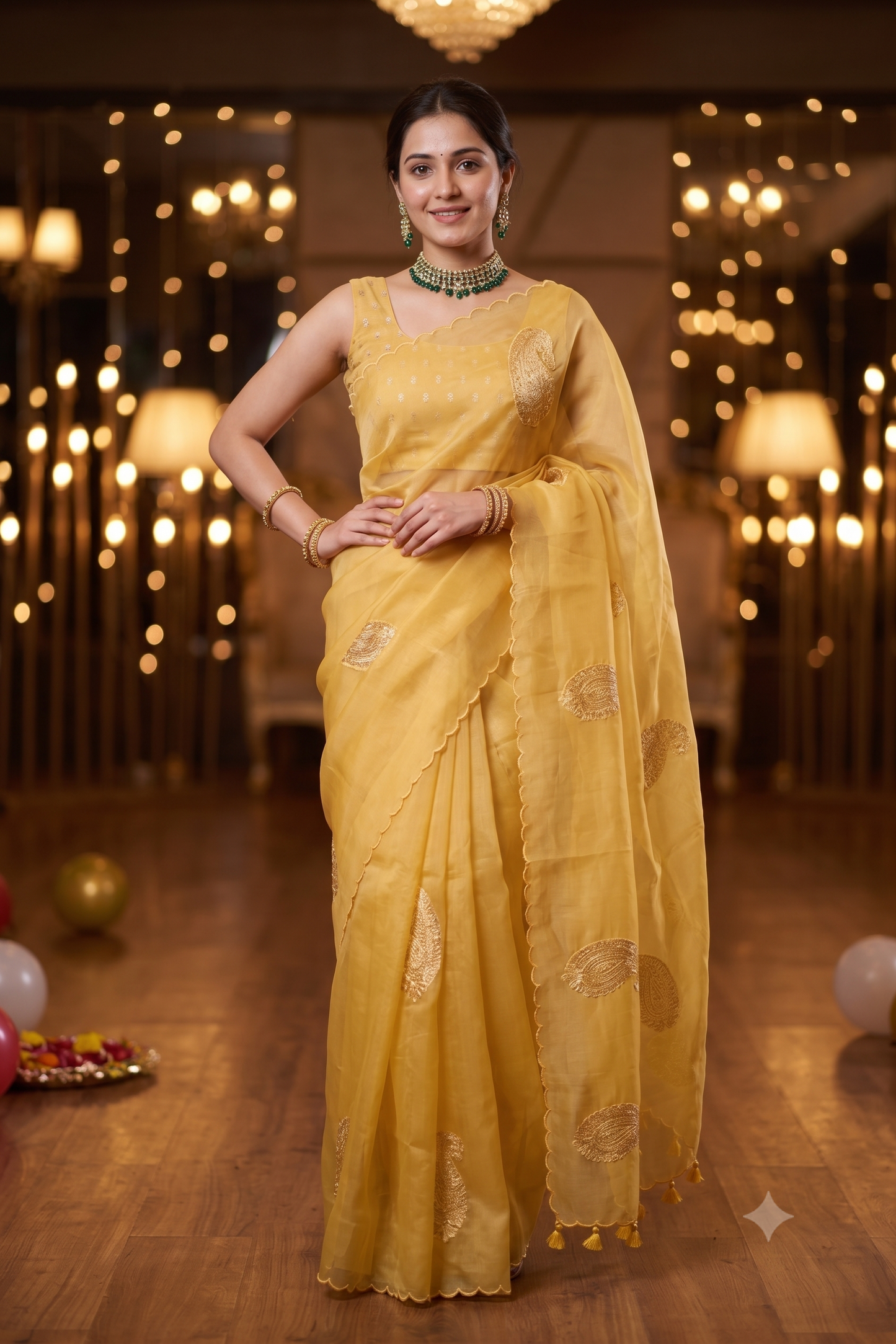 Yellow Organza Saree With Appliqué Work, With Two Unstitched Blouse