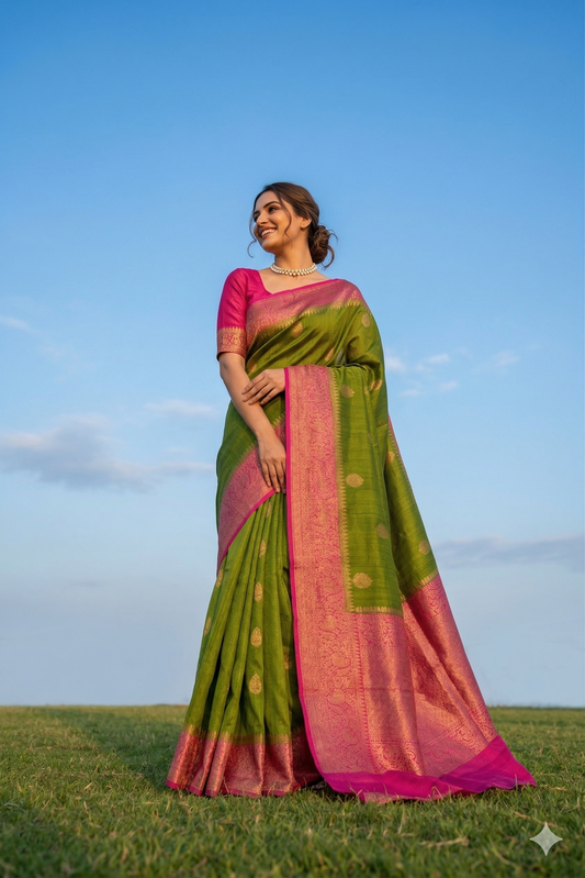 Lime green Tussar Banarasi silk saree with handwoven motifs, traditional style, paired with an unstiched blouse, by Saarang Sarees.