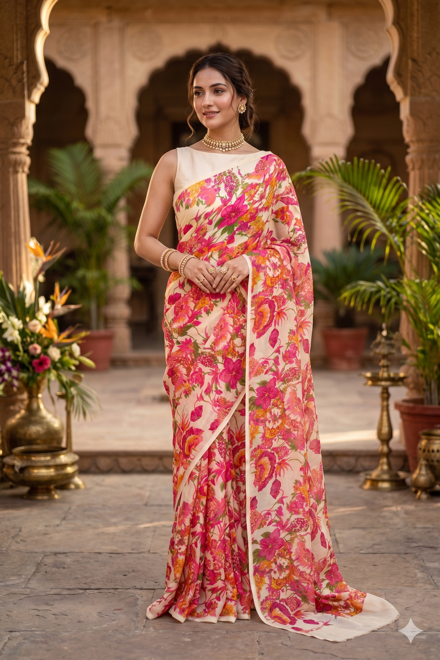 Off-White Red Floral Printed Chiffon Saree, With Unstiched Blouse Piece