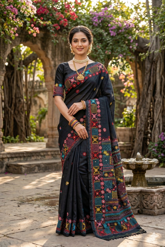 Black Tussar Saree with Lambani embroidery from Saarang Sarees, featuring intricate traditional design and unstitched blouse.