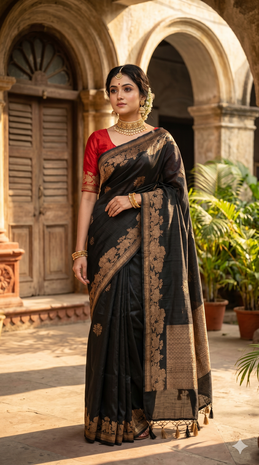 Black Pure Raw Tussar Banarasi Silk Saree with hand-woven motifs and unstiched blouse, traditional wear by Saarang Sarees.