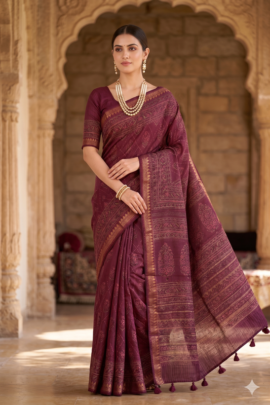 Saarang Sarees Wine Munga Silk printed saree with Kantha work and unstitch blouse, traditional Indian attire displayed in the image.