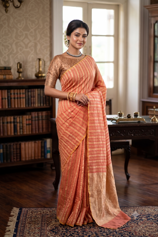 Gold & Peach Zari Stripe Munga Borderless Saree, With Unstiched Blouse
