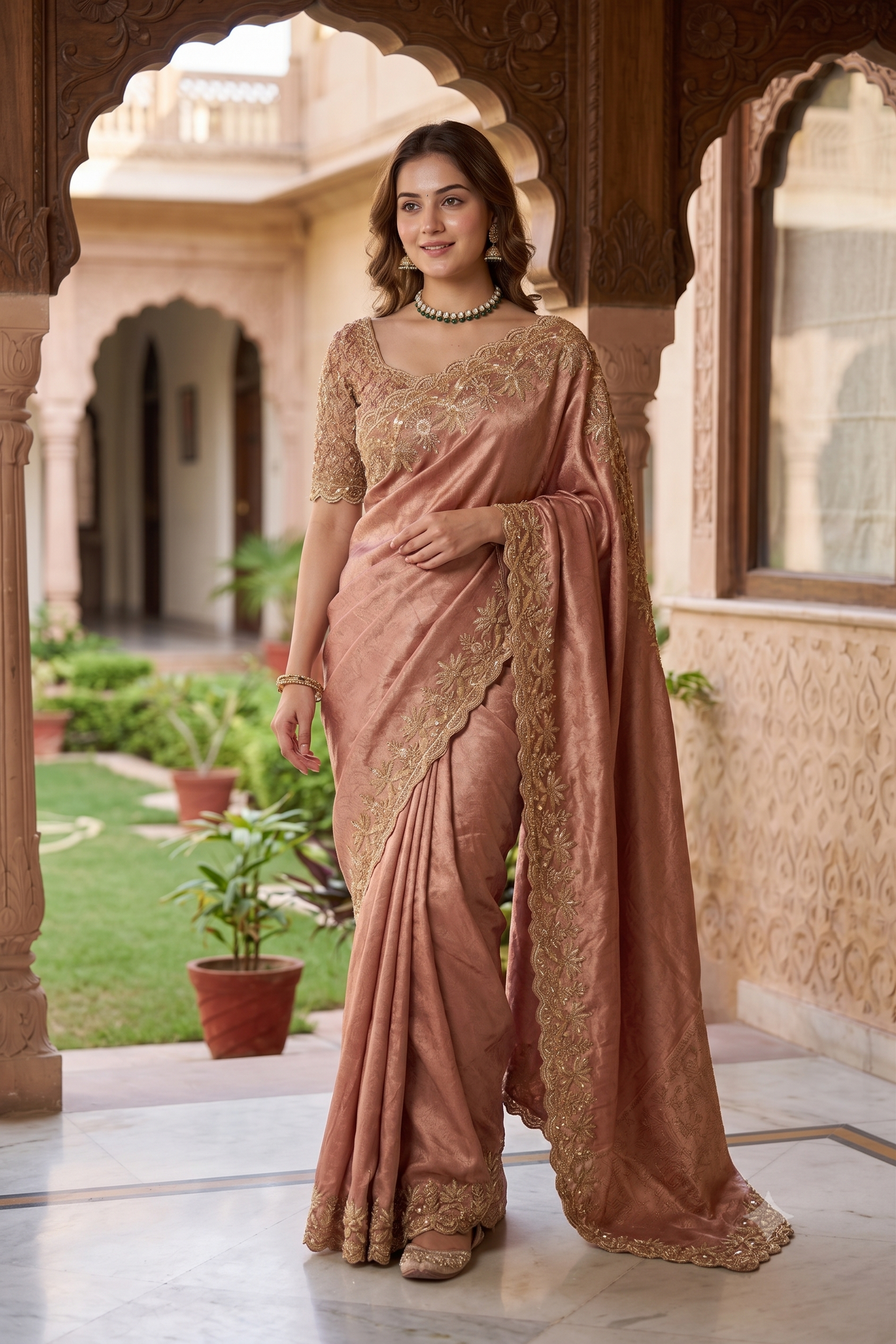 Golden Peach Tissue Kanjeevaram Silk Sarees With Embroidery Work, With Unstiched Blouse