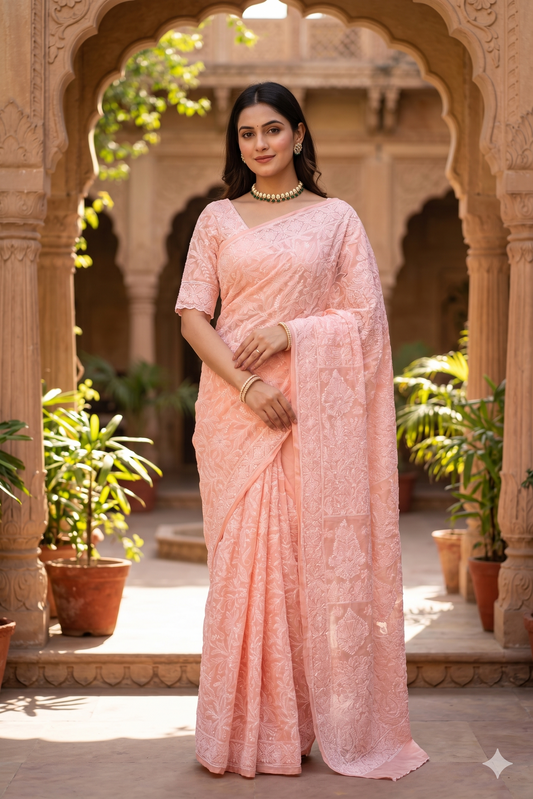 Peach cotton Chikankari saree with intricate embroidery and unstiched blouse, ideal for party wear by Saarang Sarees.