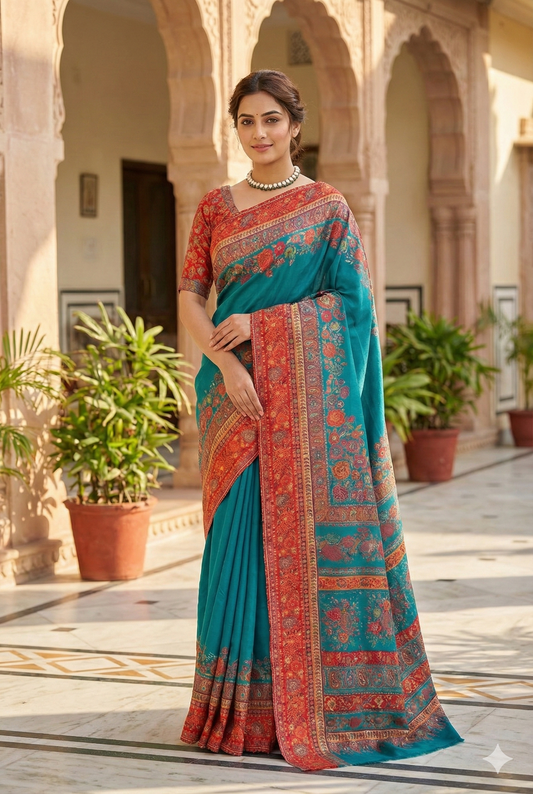 Teal Blue Pure Kani Handloom Silk Saree With Unstiched Floral Woven Blouse - Saarang Sarees