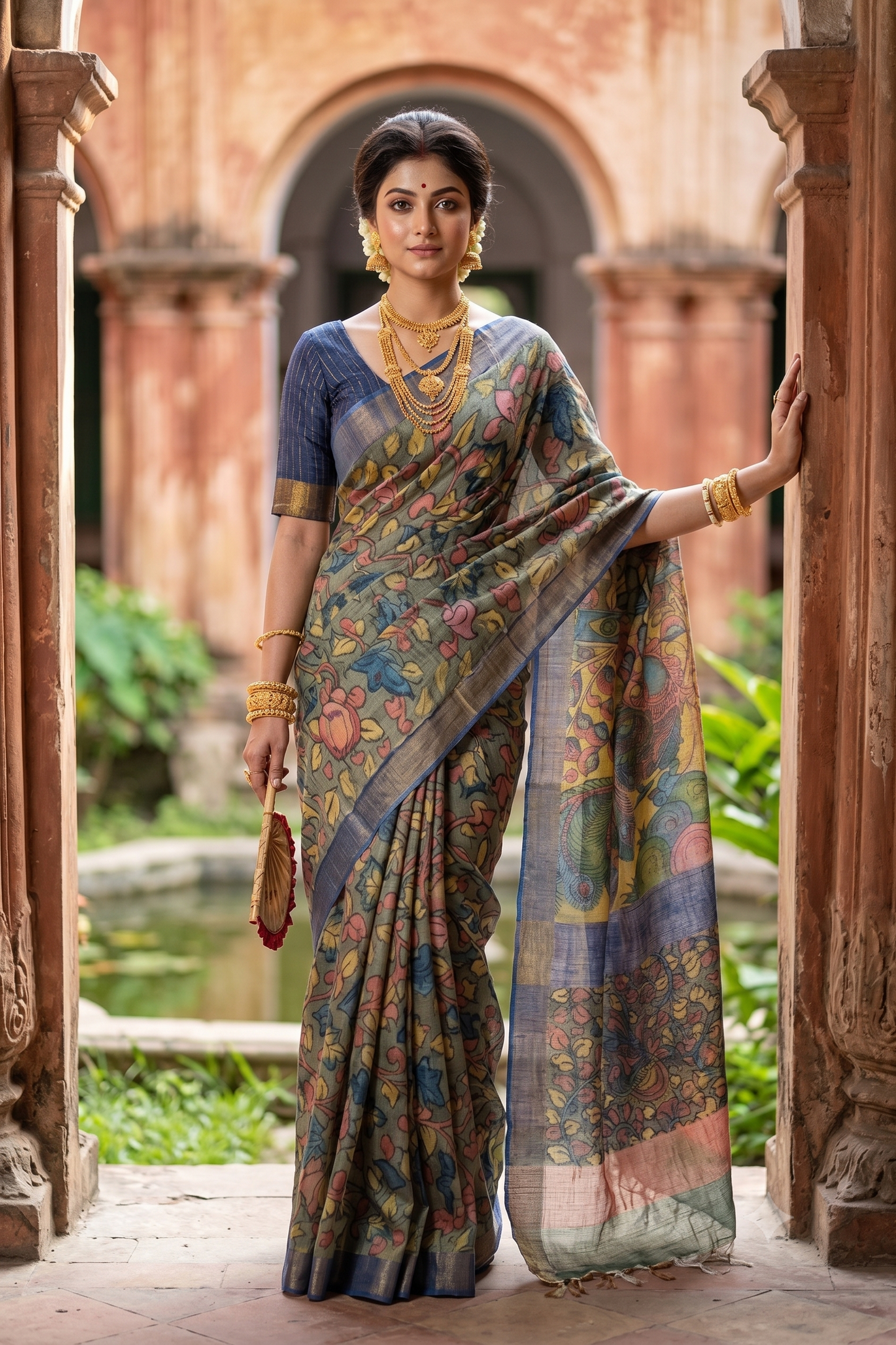 Grey Tussar Kalamkari Printed Work Saree, With Unstiched Blouse