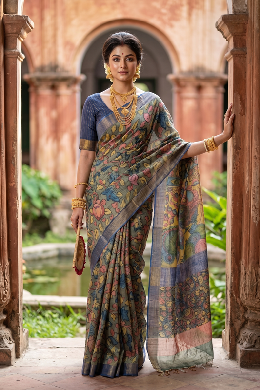 Grey Tussar Kalamkari Printed Work Saree, With Unstiched Blouse