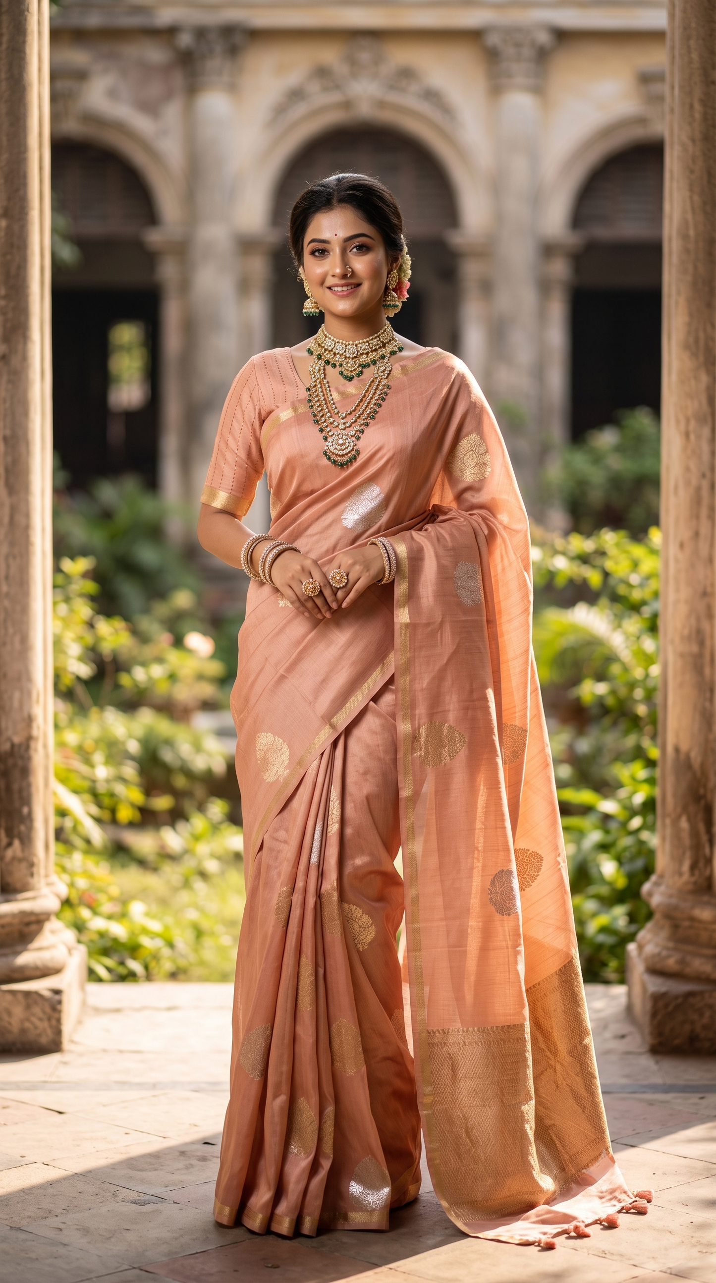 Peach Mashru Silk Banarasi Handloom Saree, With Unstiched Blouse