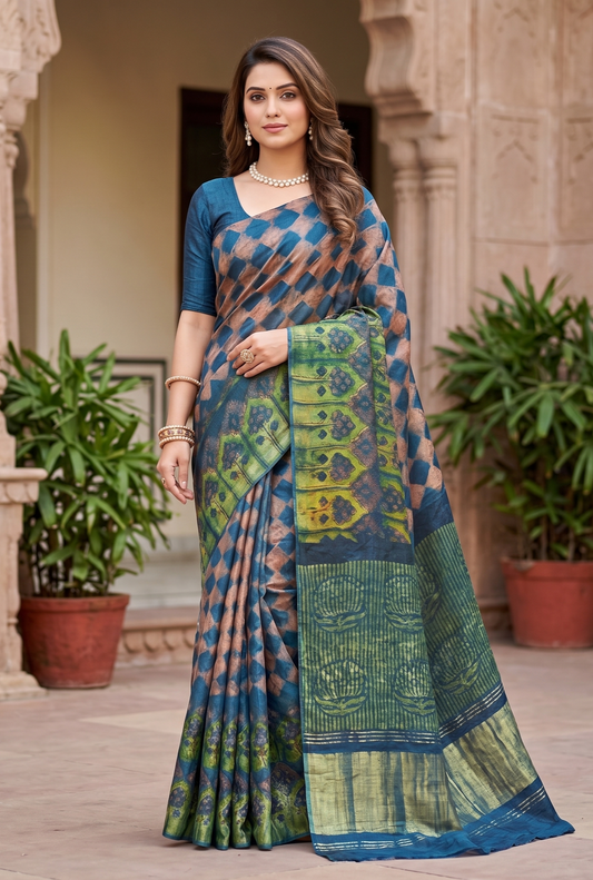 Orange & Blue Pure Modal Silk Ajrakh Printed Saree With Unstich Blouse