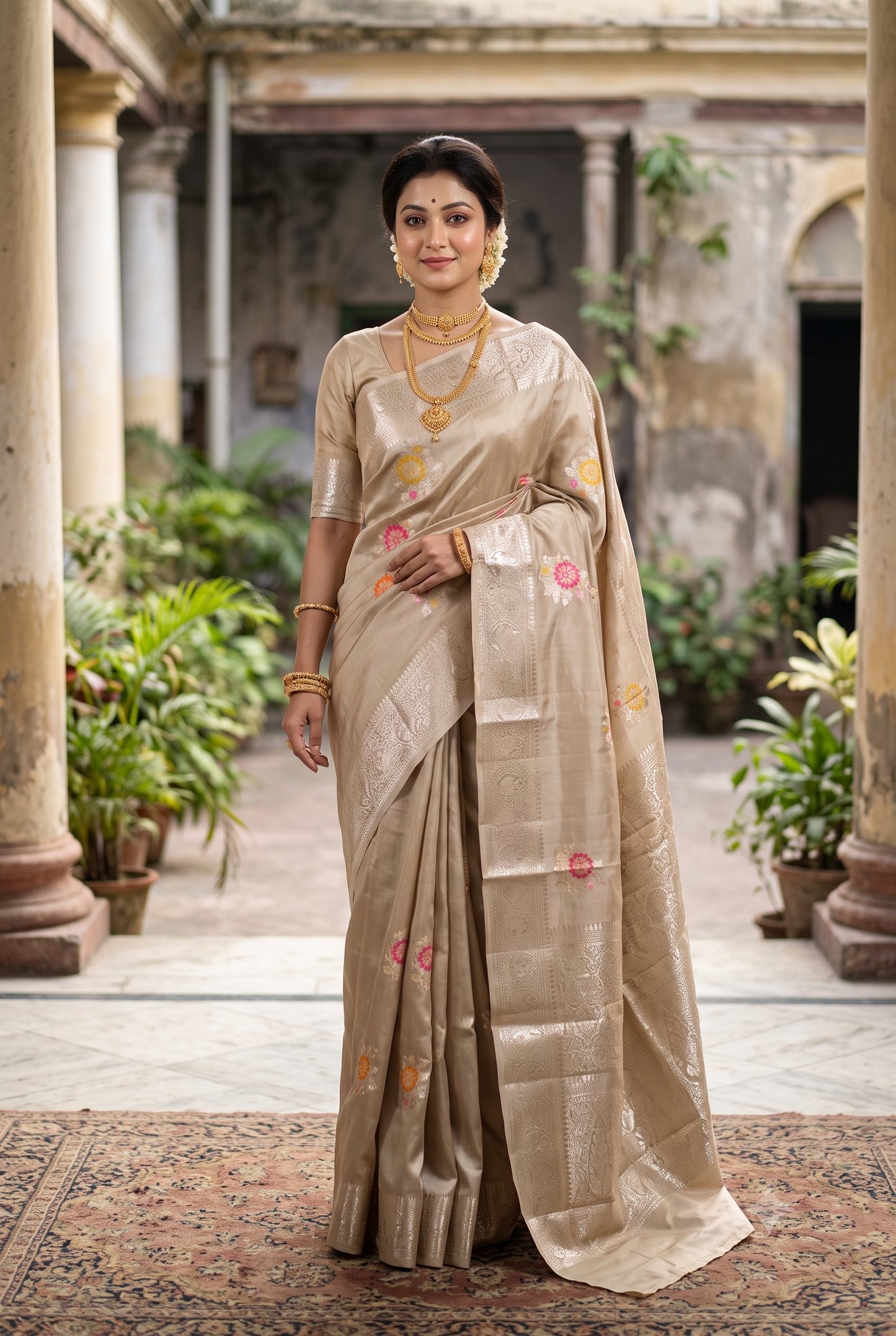 Grey Chiniya Silk Saree Hand Woven Butas, With Unstiched Blouse
