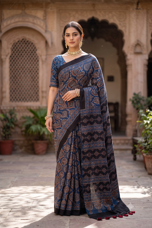 Blue Pure Modal Silk Ajrakh Printed Saree With Unstiched Blouse