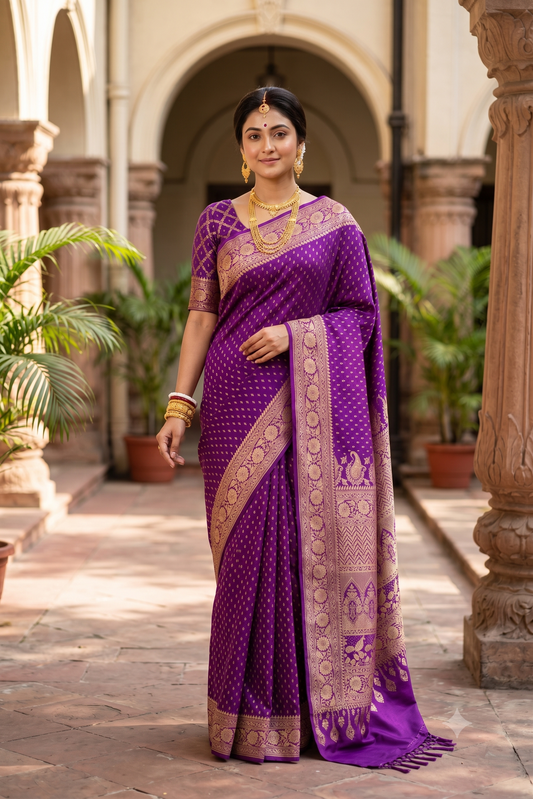 Purple Crepe Khaddi Banarasi Silk Saree With Unstiched Blouse