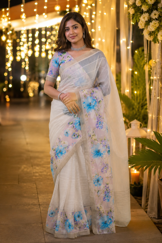 Off-White organza saree with Resham embroidery for party wear, featuring a matching unstiched blouse from Saarang Sarees.