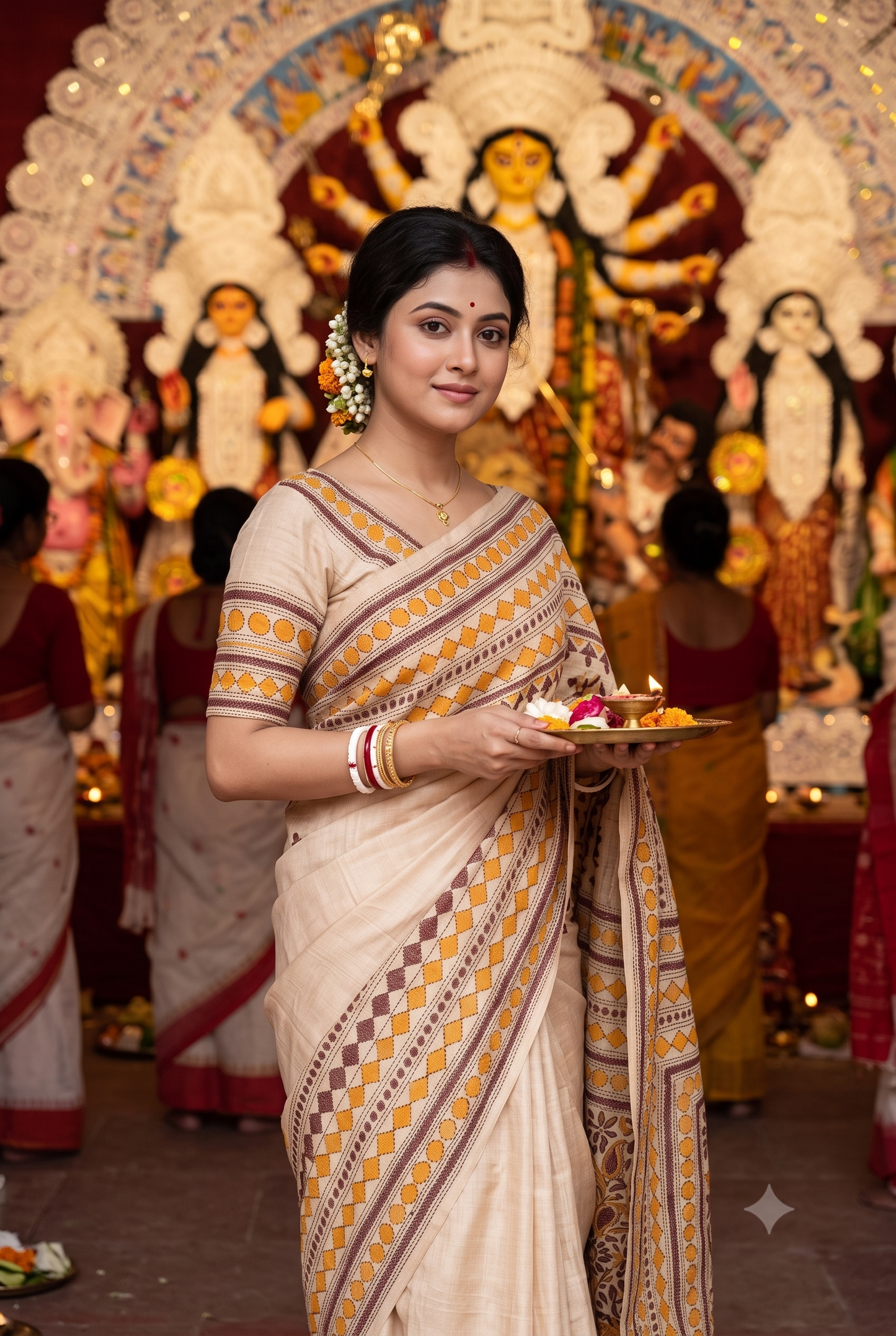 Off-White Tussar Embroidery Saree With Kantha Work Border, With Unstitched Blouse