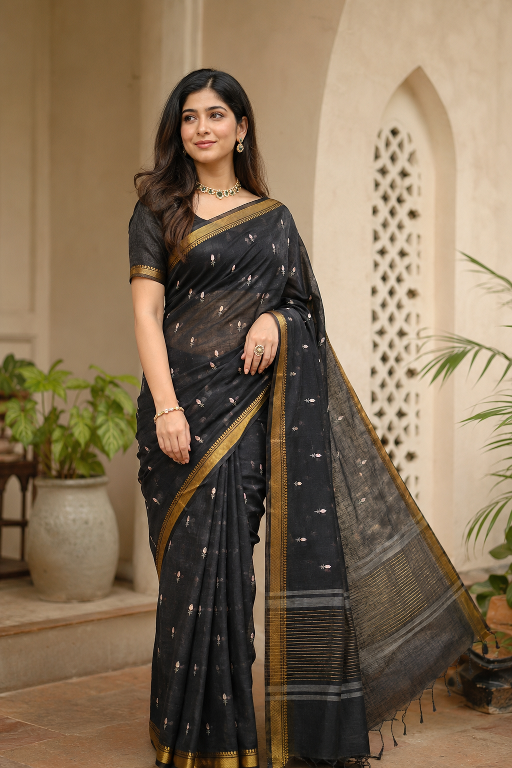 Black Pure Linen Kashmiri Work Saree With Unstiched Blouse