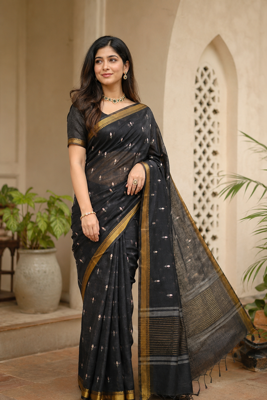 Black Pure Linen Kashmiri Work Saree With Unstiched Blouse