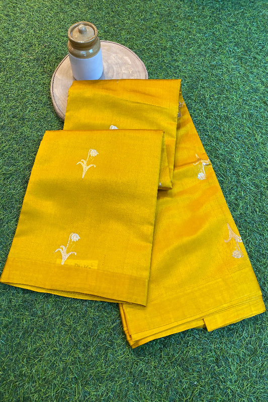 Mustard Yellow Poona Silk Saree Golden Zari Woven Buttas, With Unstich Blouse