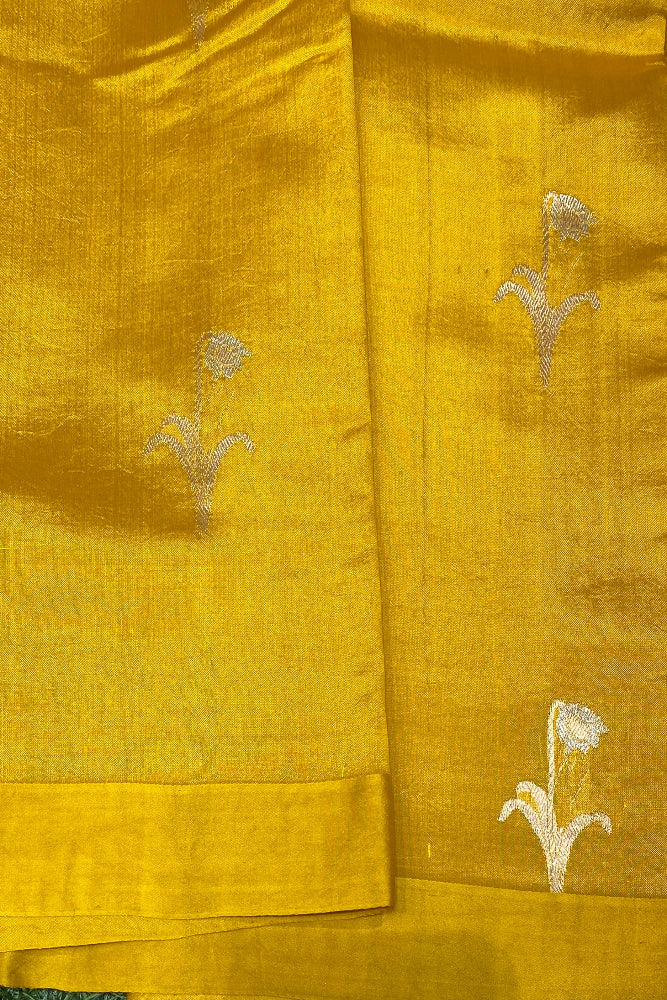 Mustard Yellow Poona Silk Saree Golden Zari Woven Buttas, With Unstich Blouse