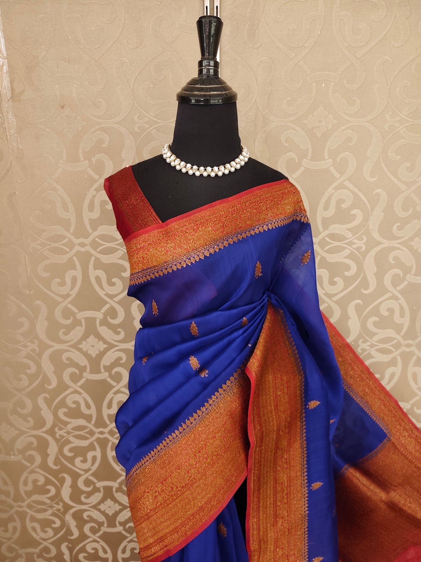 Deep Blue Kora Banarasi Silk Saree, With Unstiched Blouse